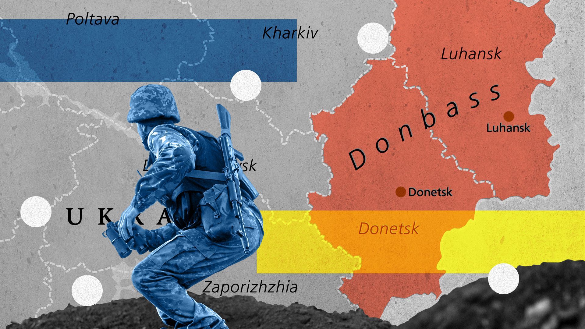 Photo illustration of a Ukrainian soldier with a map of Ukraine and the Donbas region in the background