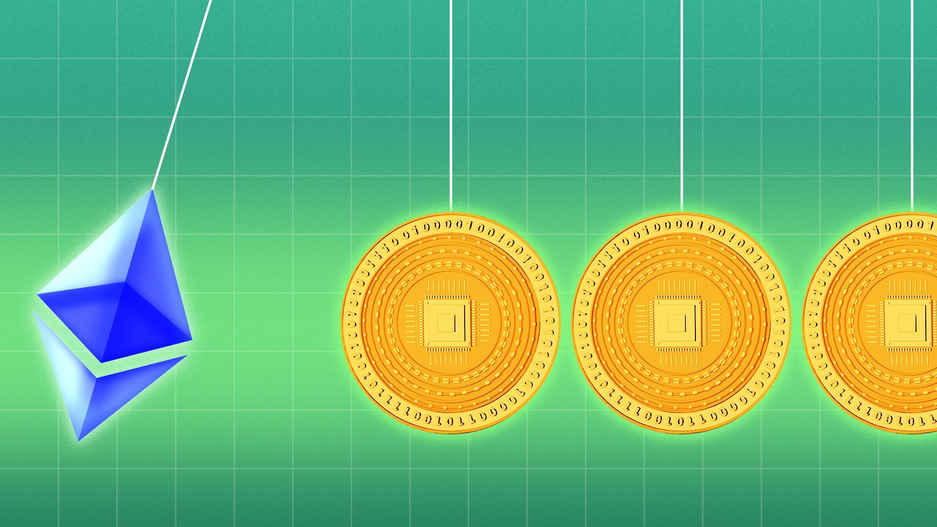 Illustration of the Ethereum logo about to hit a line of binary coins in a Newton's cradle