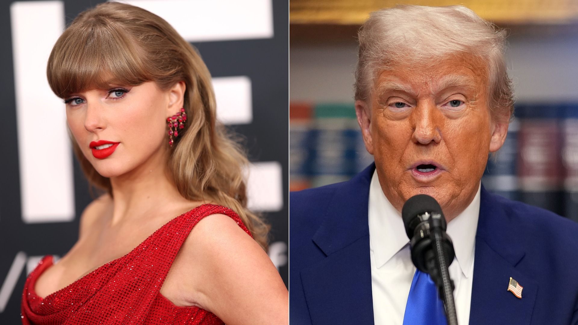 A collage of Taylor Swift (left) wearing a red dress and Donald Trump (right) wearing a blue suit, white shirt and blue tie. He is speaking into a microphone. 