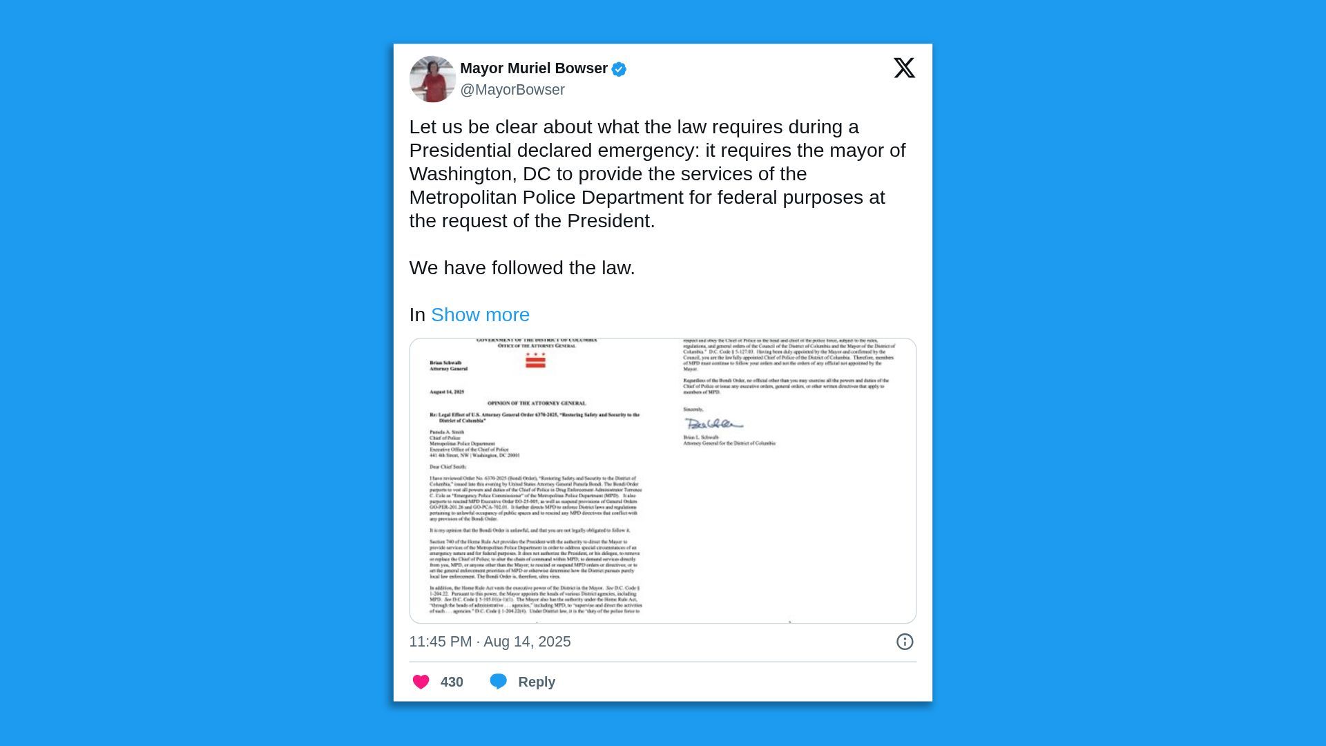 Tweet from Mayor Muriel Bowser explaining the law requires DC's mayor to provide police services for federal purposes during a Presidential emergency, stating "We have followed the law."
