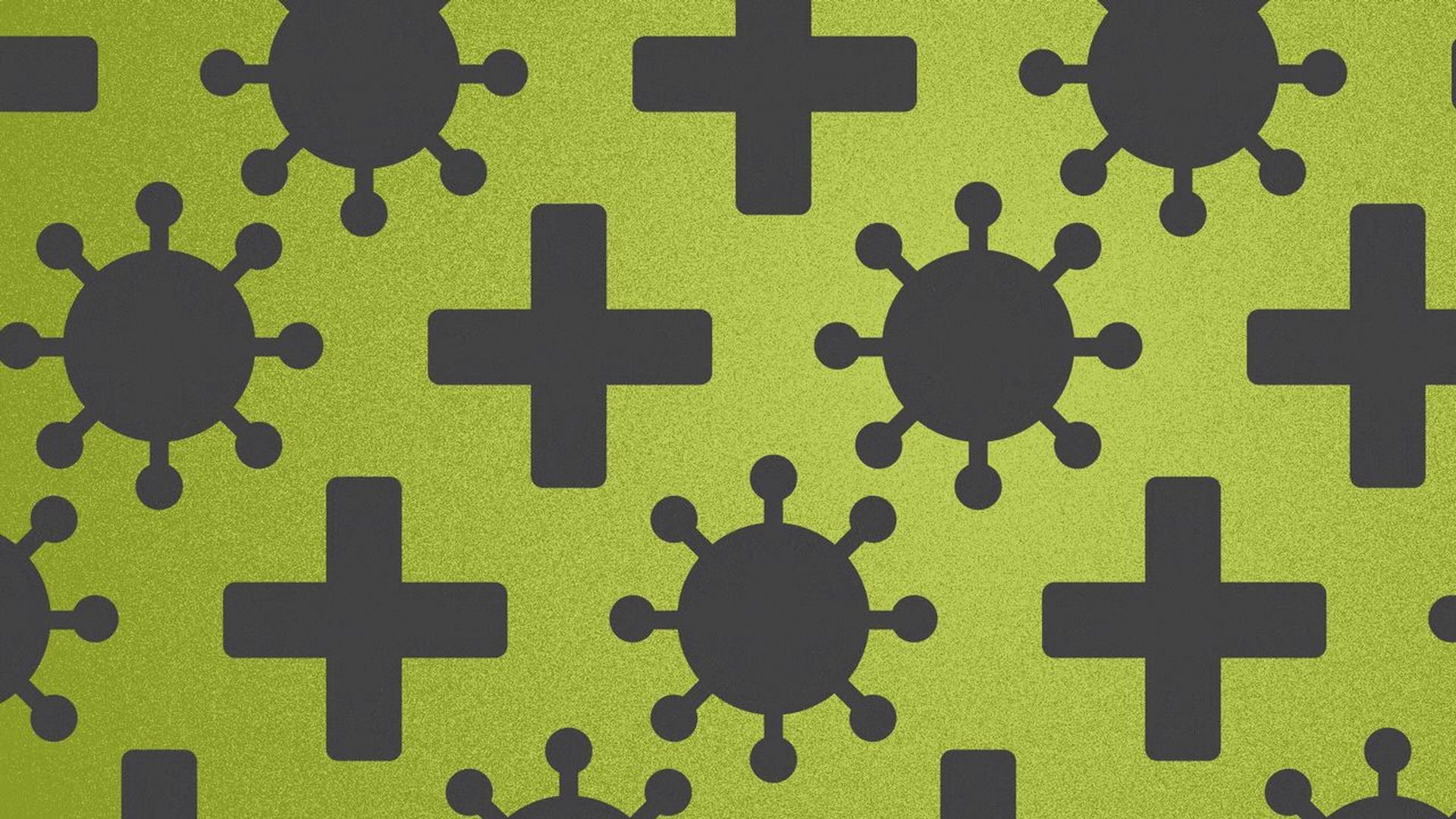 Illustration of a pattern of covid particles and positive signs.