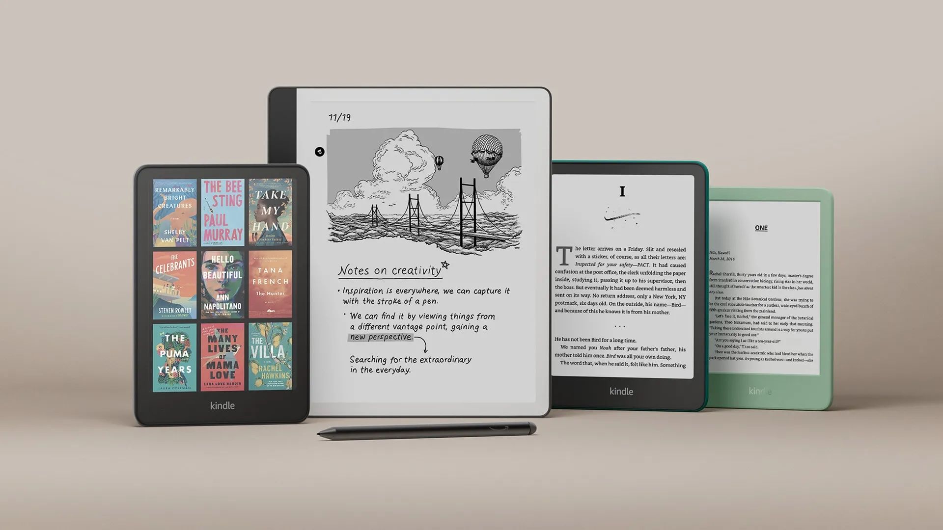 Photo of four new models of Amazon Kindle devices, including one with a color screen