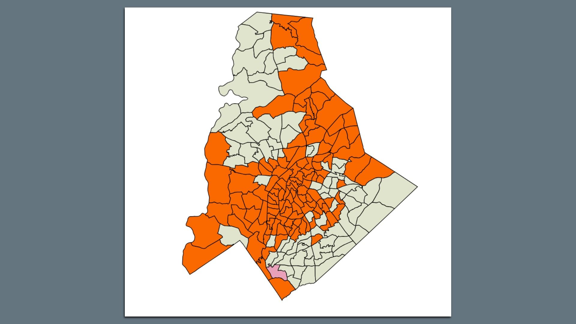 Map showing a region divided into many small areas, with some shaded in orange, a few in pink, and the rest in light gray on a white background.