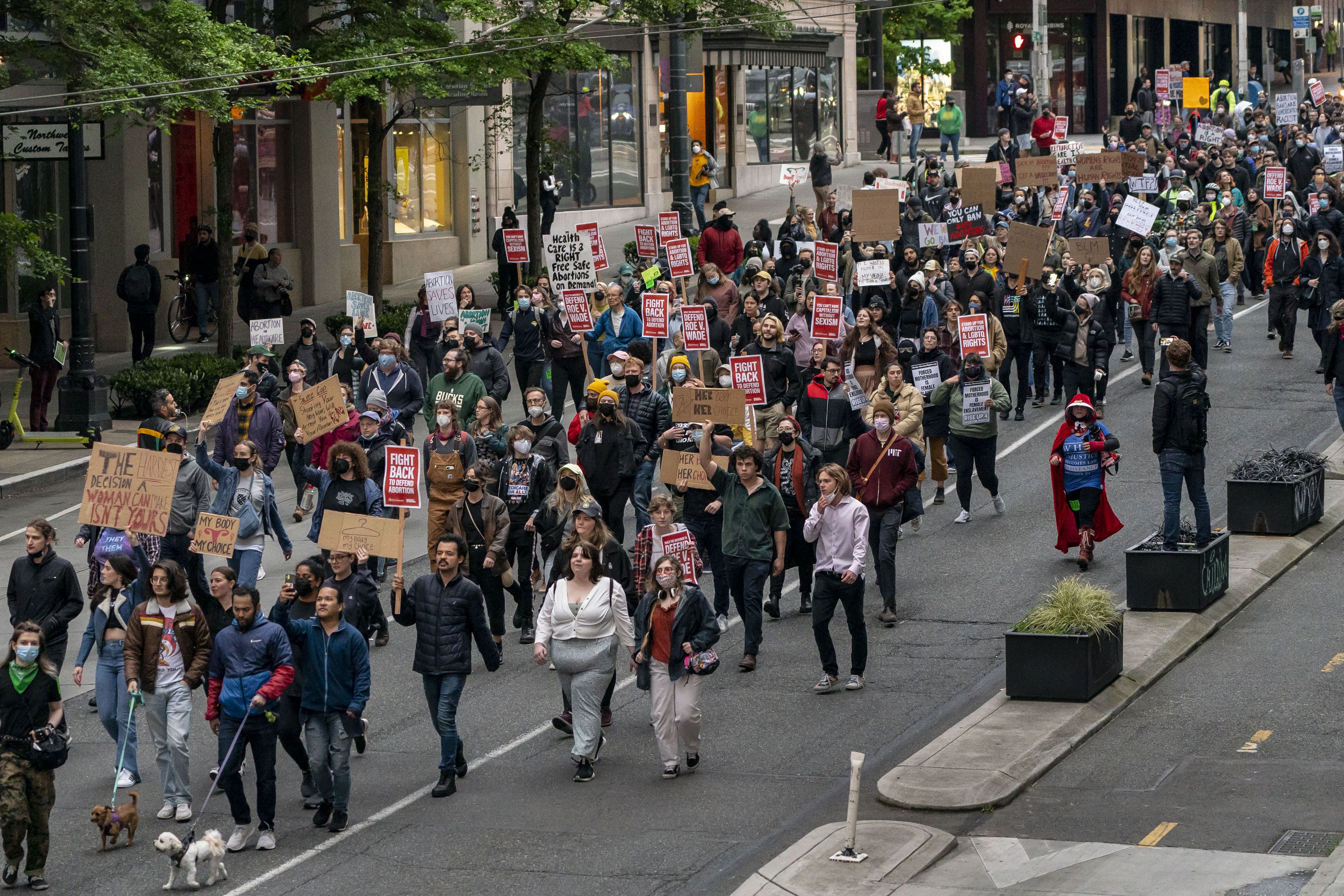 Demonstrators march through downtown following a rally in support of abortion rights on May 3, 2022 in Seattle, Washington. 