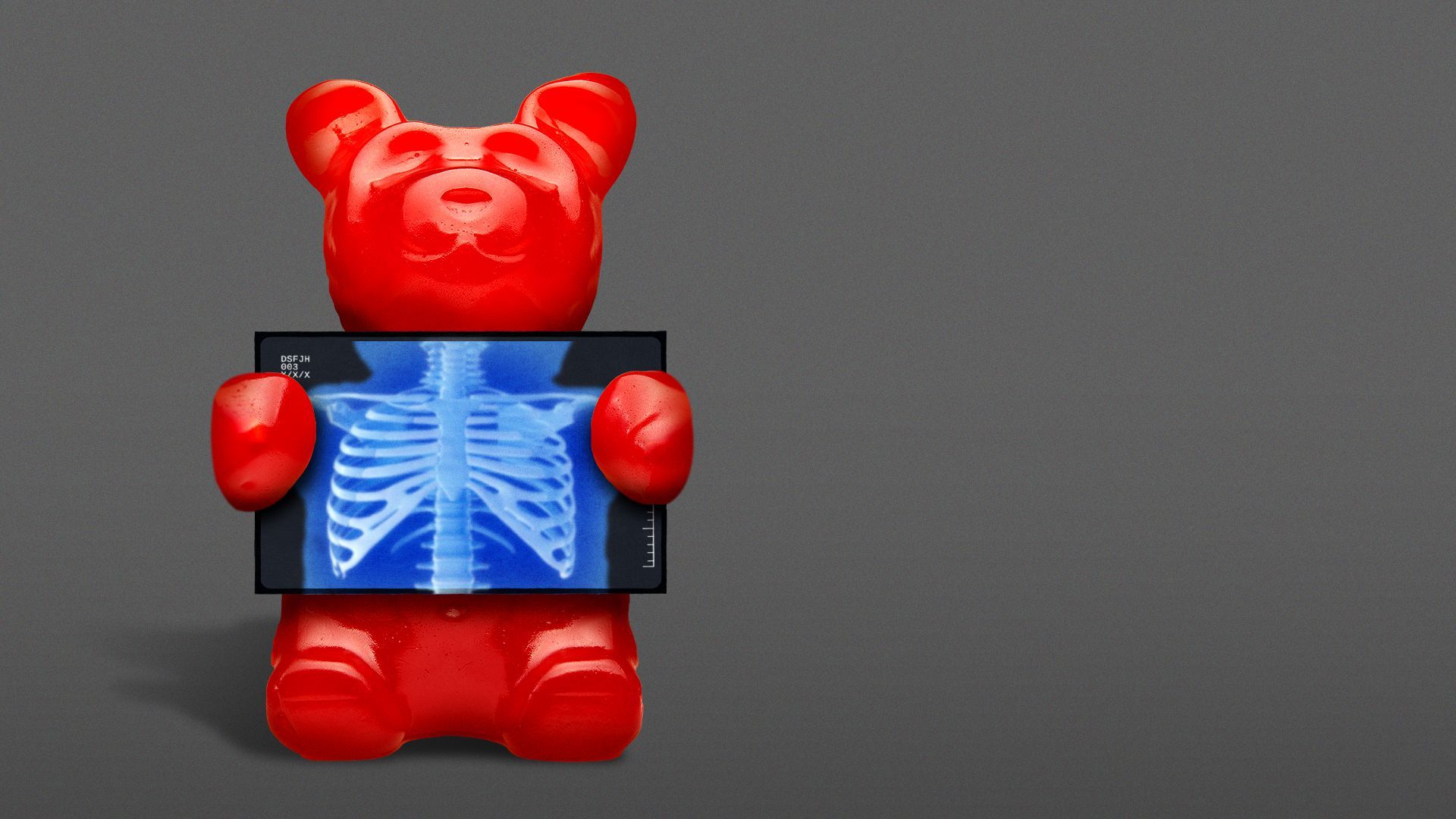 Illustration of a gummy bear holding up an x ray of its torso.