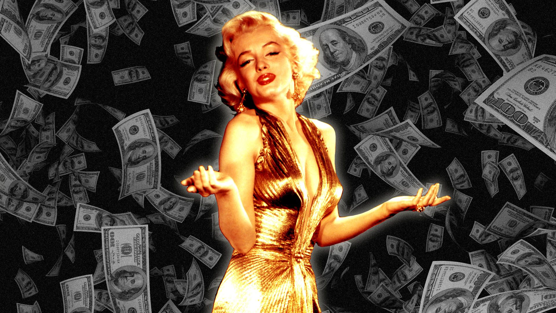 an illustration of marilyn monroe in front of black and white dollar bills flying around