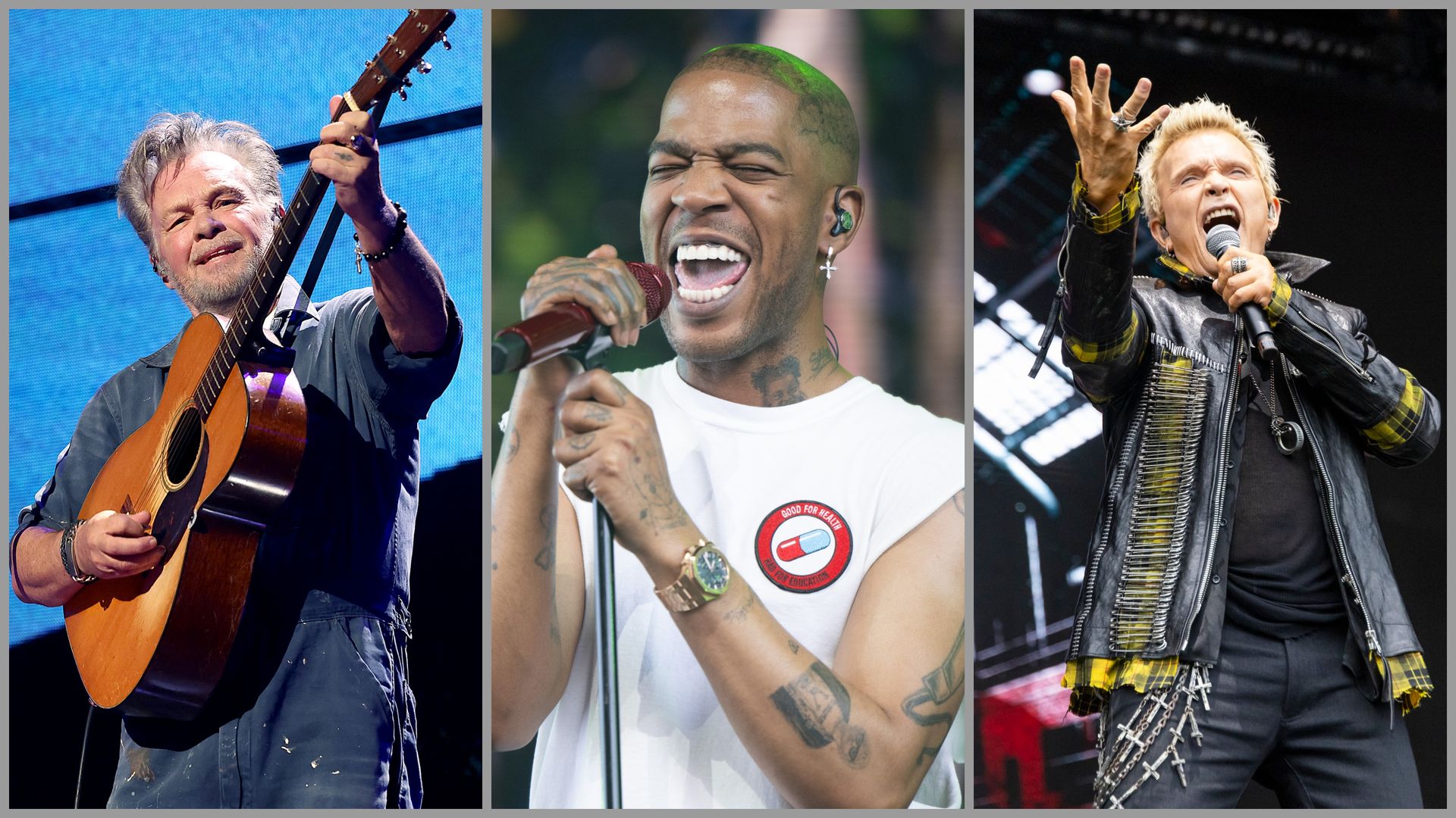 Three musicians on stage: left a bearded man with guitar against a blue backdrop; center a tattooed man in a white shirt singing into a red microphone; right a blond singer in a black and yellow jacket raising a hand.