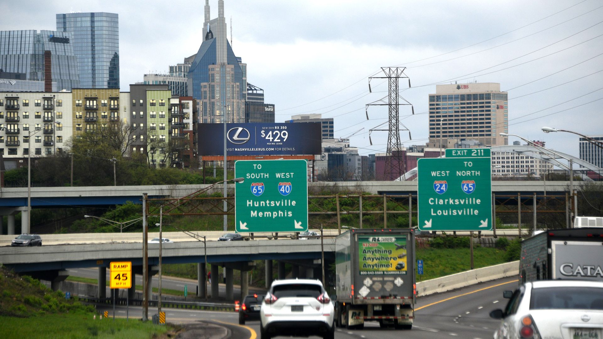 View of downtown Nashville March 31, 2019 from Interstate Highway 40,
