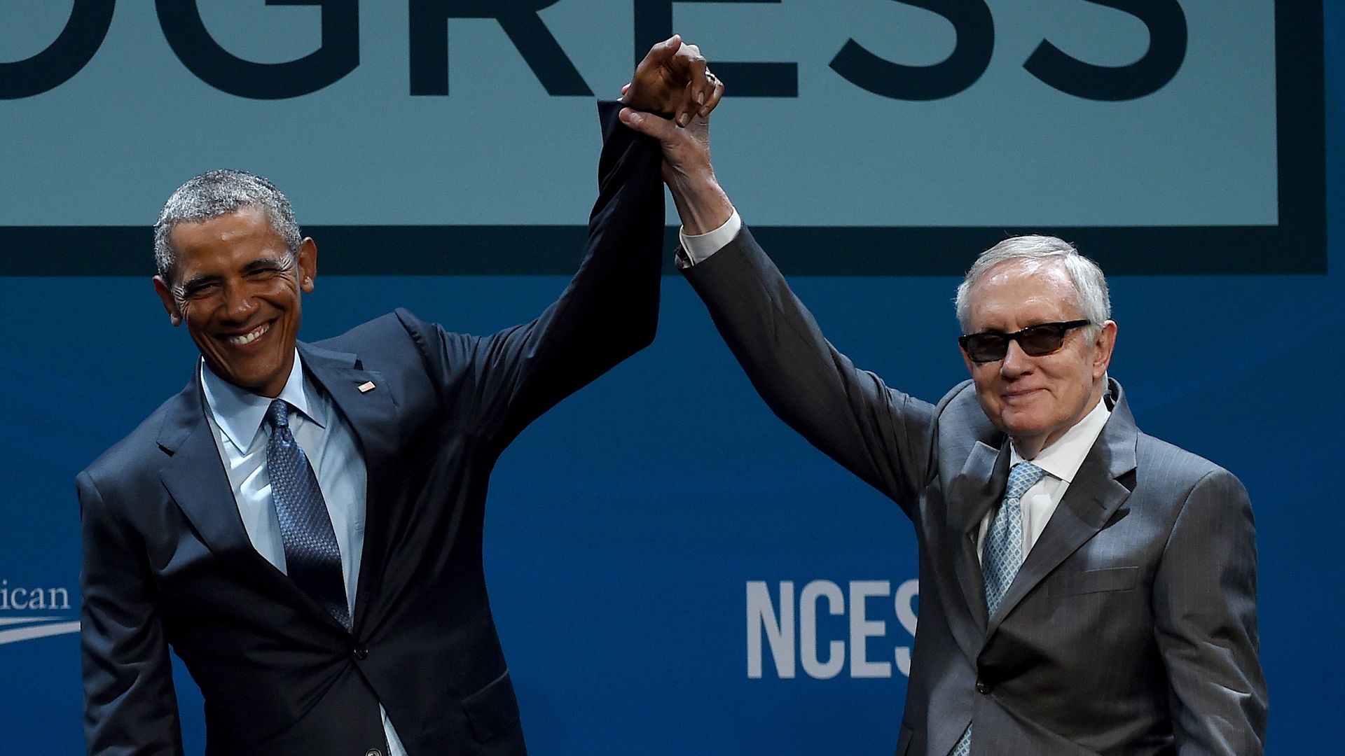 Then-President Barack Obama (L) and then-Senate Minority Leader Harry Reid (D-NV) on August 24, 2015 in Las Vegas, Nevada. 