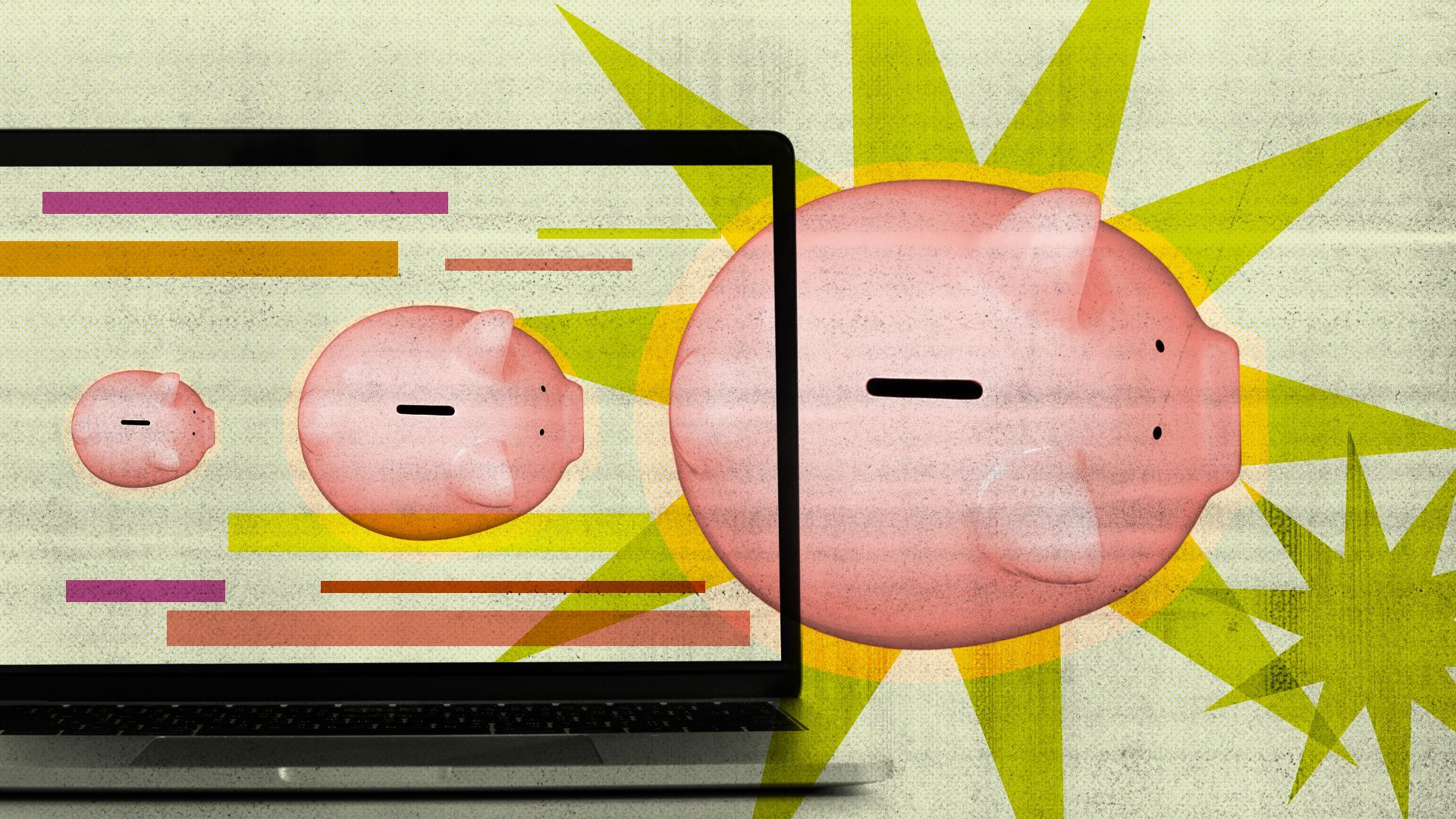 Illustration of piggy banks following each other with abstract shapes.