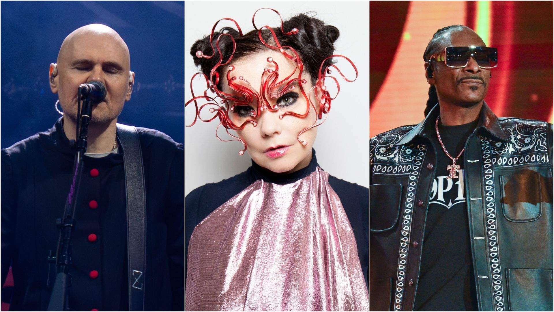 Three-panel collage of performers: left, a bald male singer at a mic on a blue stage; center, a woman with red wire hair art; right, a man in sunglasses wearing a patterned denim jacket.