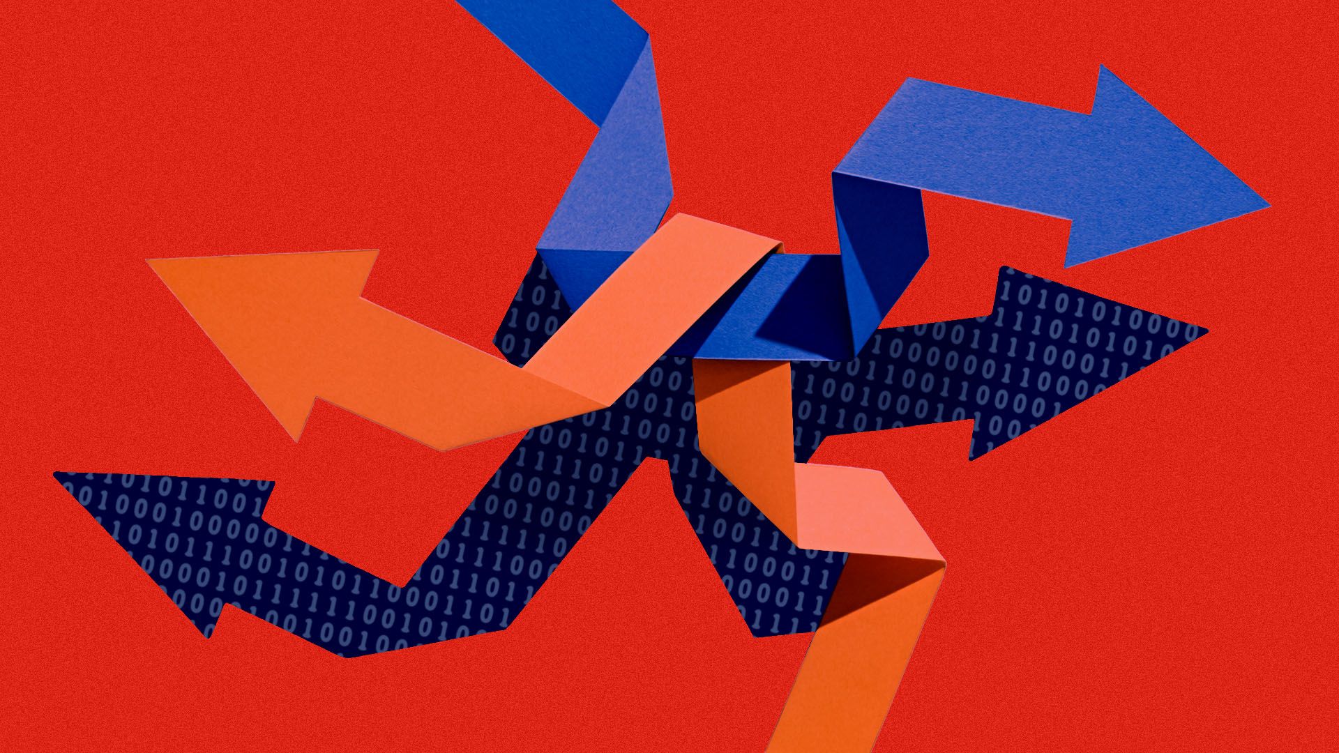 Illustration of arrows going in different directions, casting shadows with binary code in them