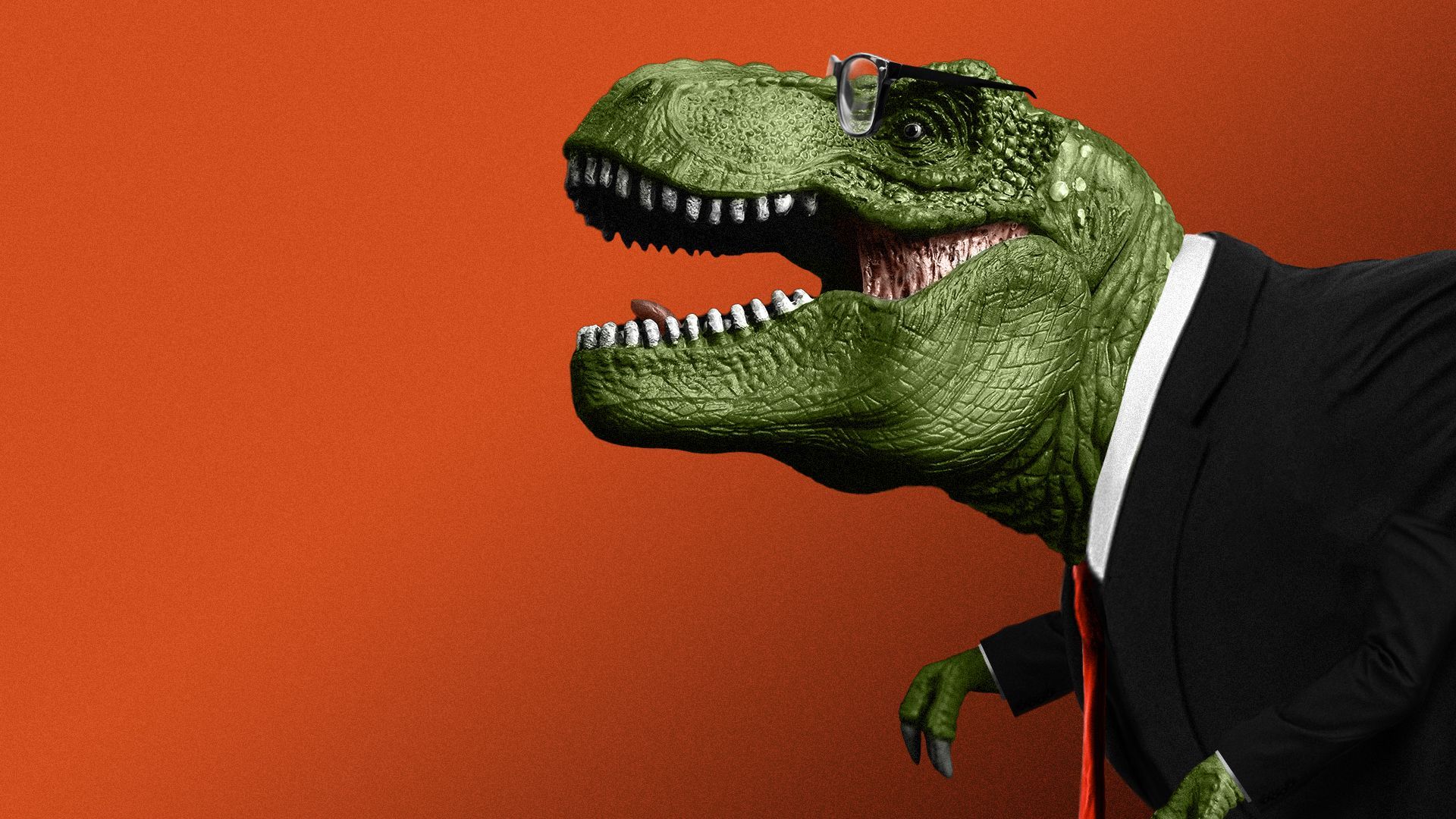 Illustration of a T-Rex wearing a business suit and eyeglasses.