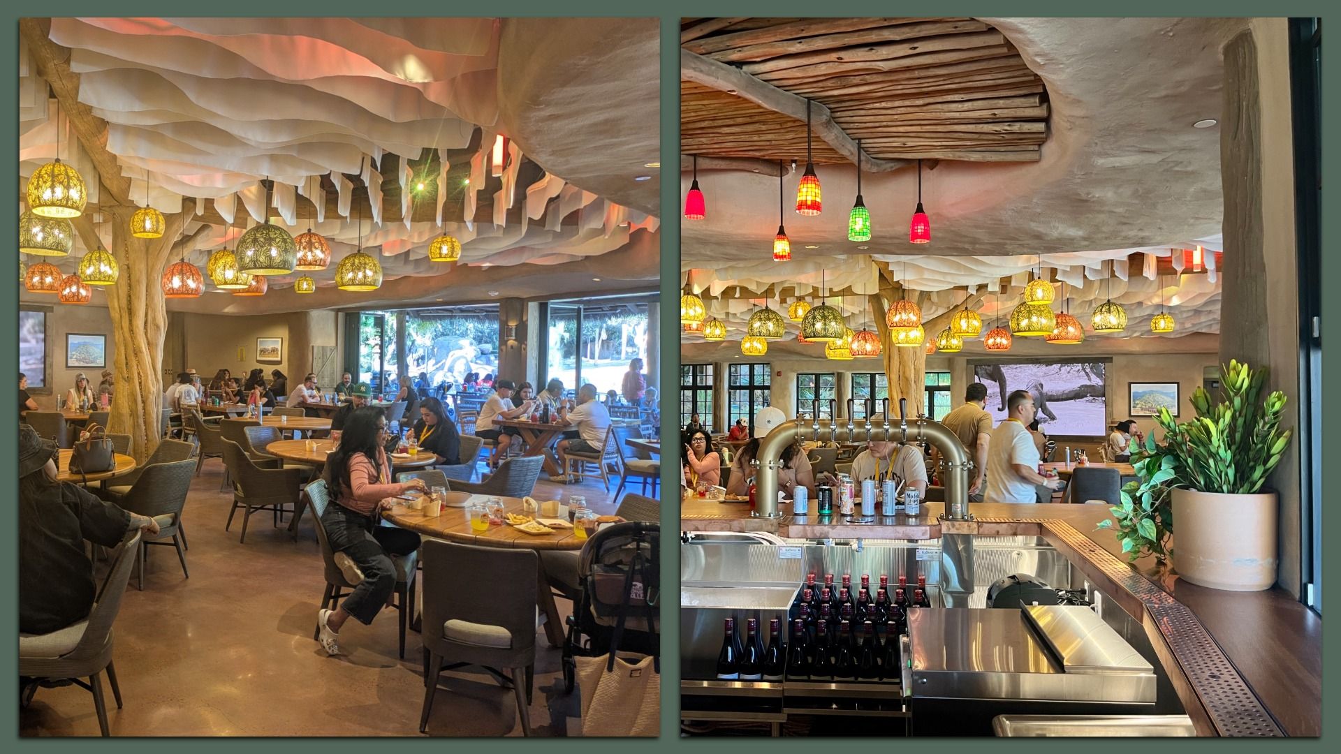 Two views of a lively restaurant interior with wooden tree-like pillars, various hanging yellow, orange, red, and green lamps, patrons dining, a bar with beverage taps, and a plant on the counter.