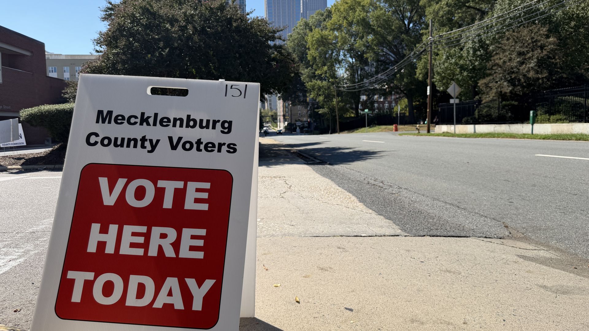 White street sign reads "Mecklenburg County Voters" with a red "VOTE TODAY" panel; in the background are tall skyscrapers, green trees, and power lines on a sunny day.