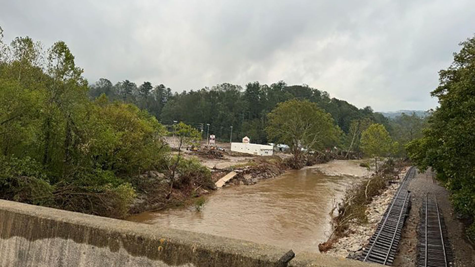 Flood waters next to a train track