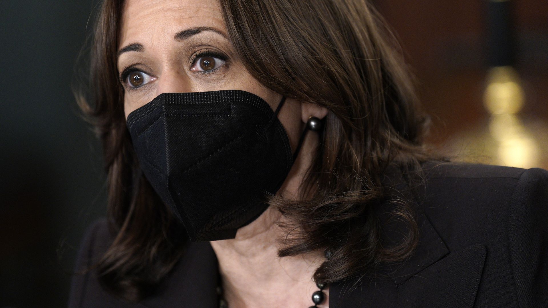 U.S. Vice President Kamala Harris speaks while holding a meeting
