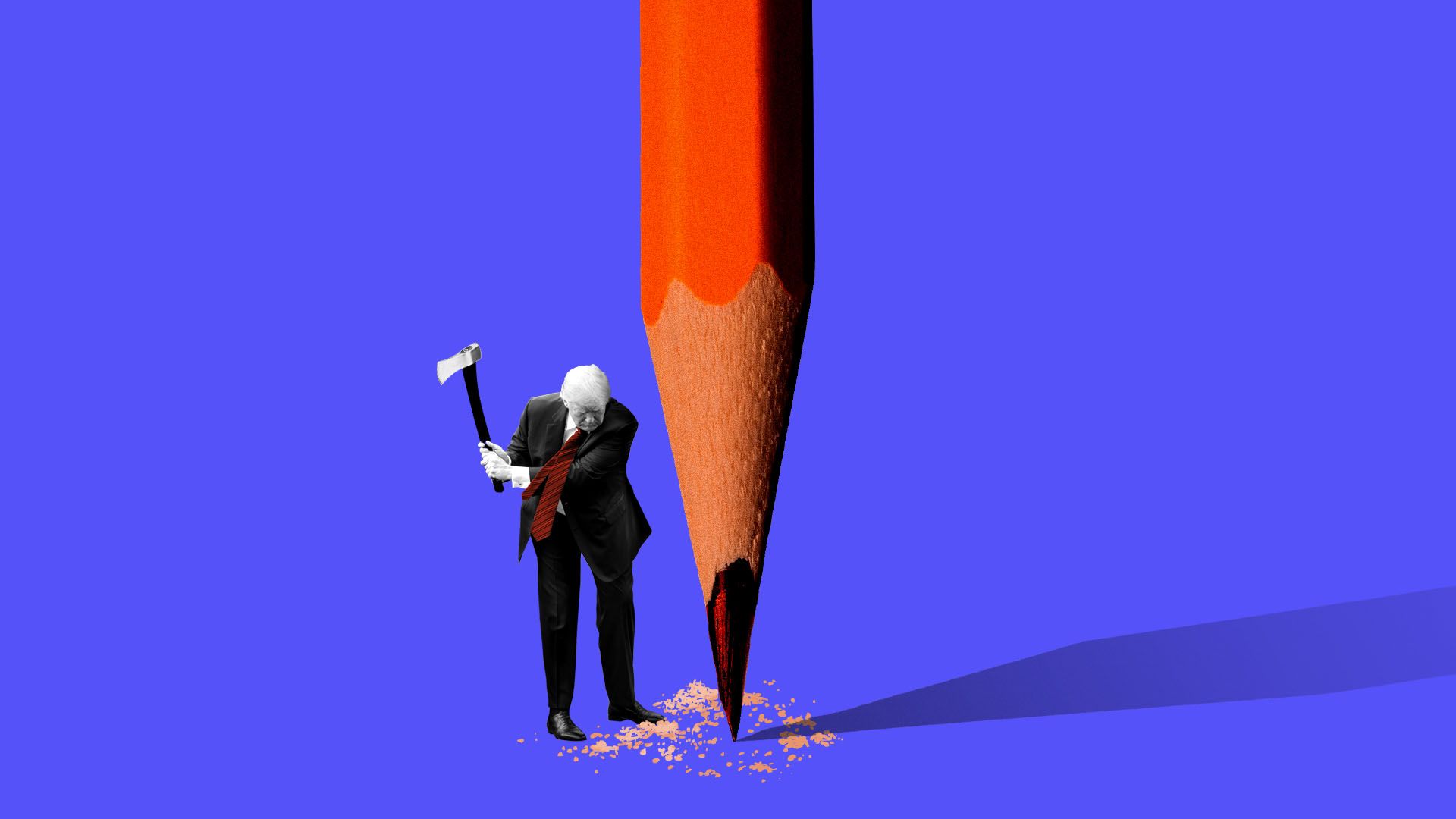 Illustration of Donald Trump using an axe to sharpen a pencil.