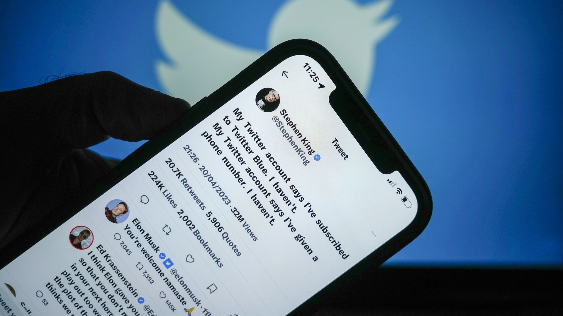  In this photo illustration tweets by Stephen King and Elon Musk is seen on a mobile cellphone on April 21, 2023 in Knutsford, United Kingdom. 
