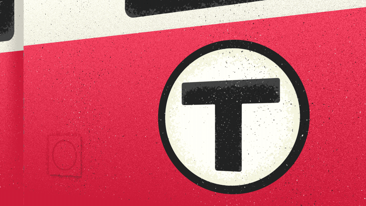 Animated illustration of an MBTA Red Line train with the T logo changing to a stop sign.