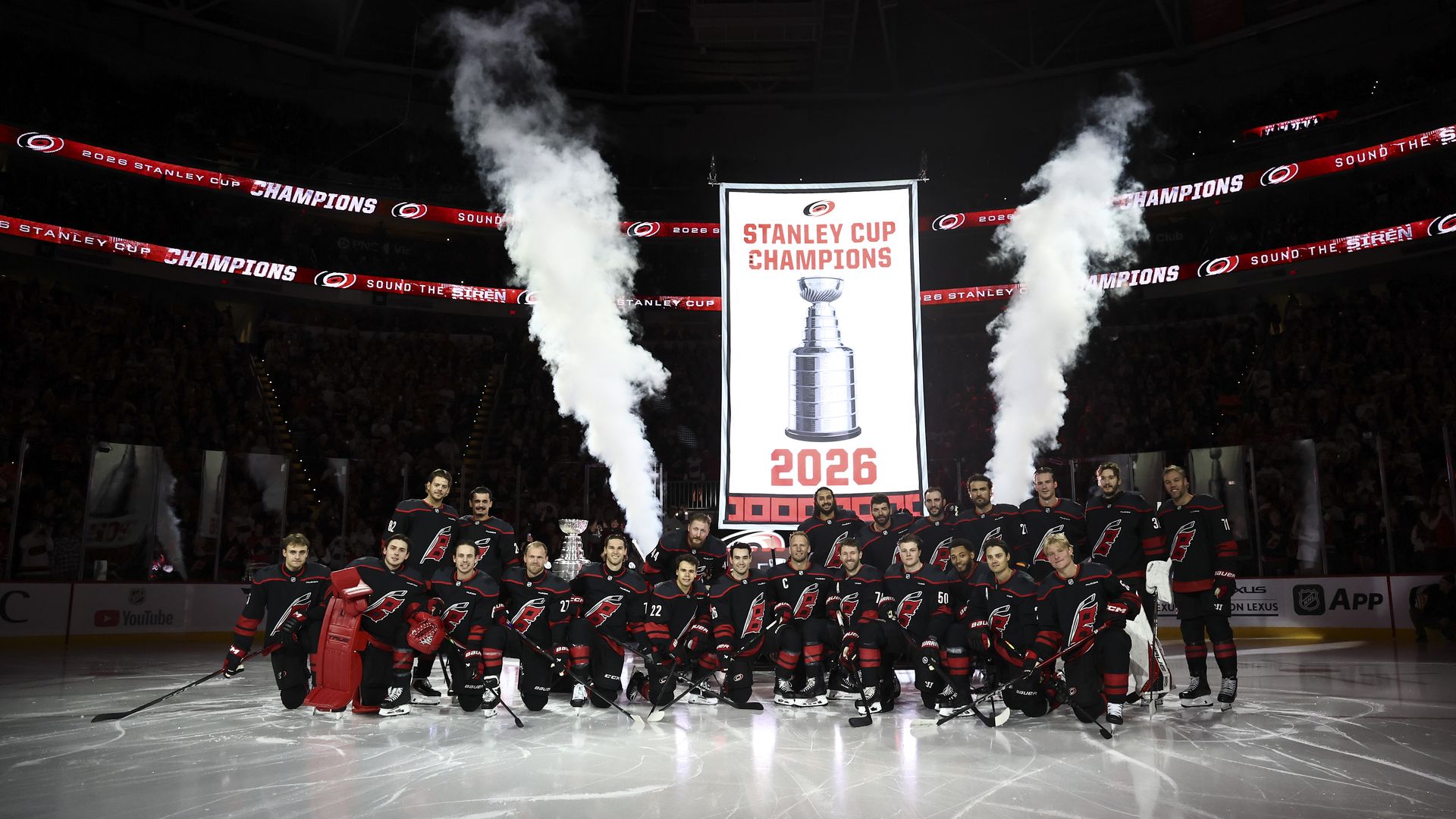 RALEIGH, NORTH CAROLINA - SEPTEMBER 29: The Carolina Hurricanes pose with the Stanley Cup prior to the game against the Florida Panthers at Lenovo Center on September 29, 2026 in Raleigh, North Carolina. (Photo by Jared C. Tilton/Getty Images)