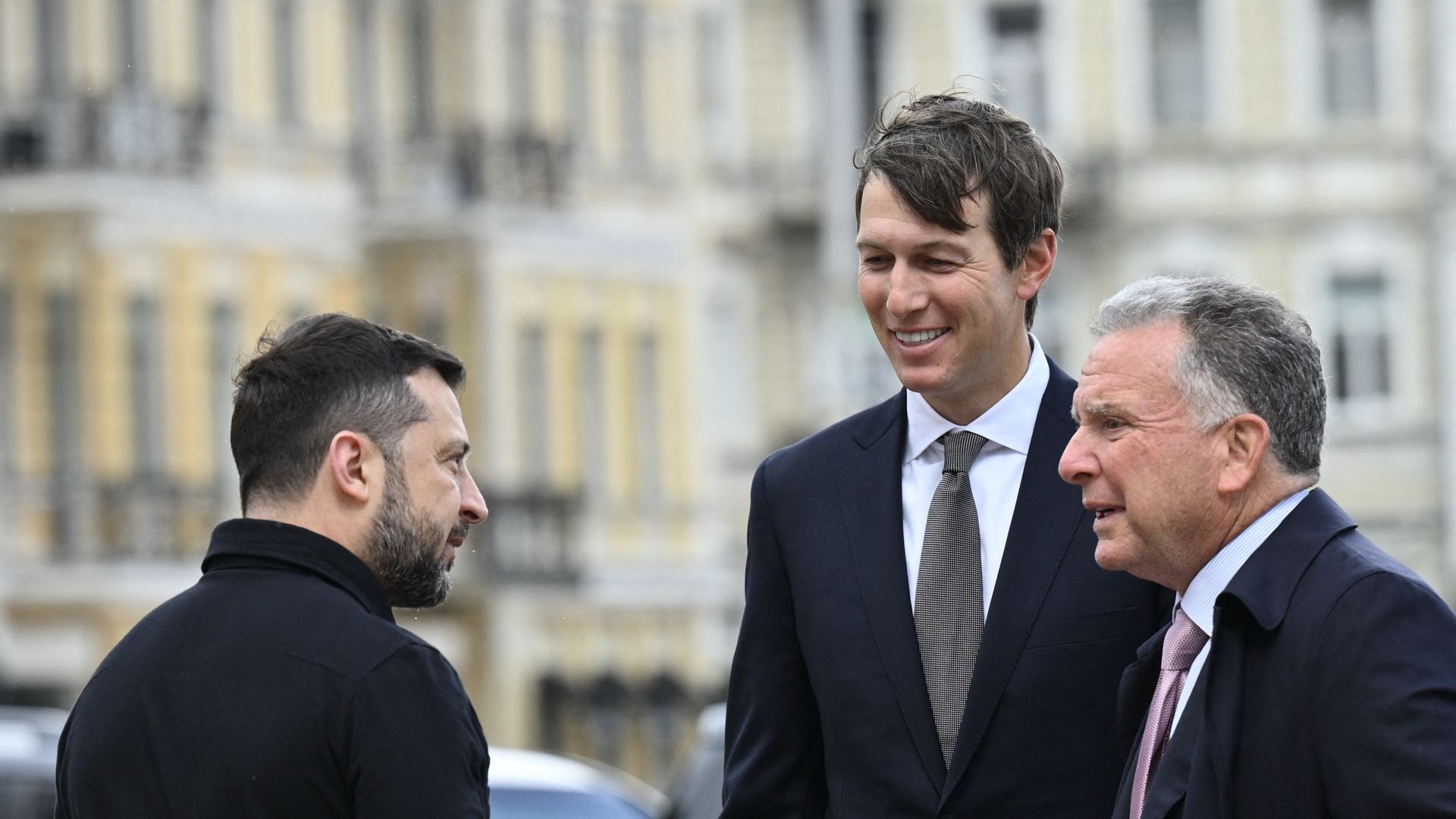 Ukrainian President Volodymyr Zelensky welcomes U.S. Special Envoys Steve Witkoff (R) and Jared Kushner (C) prior to their talks in Kyiv on Sept. 6.