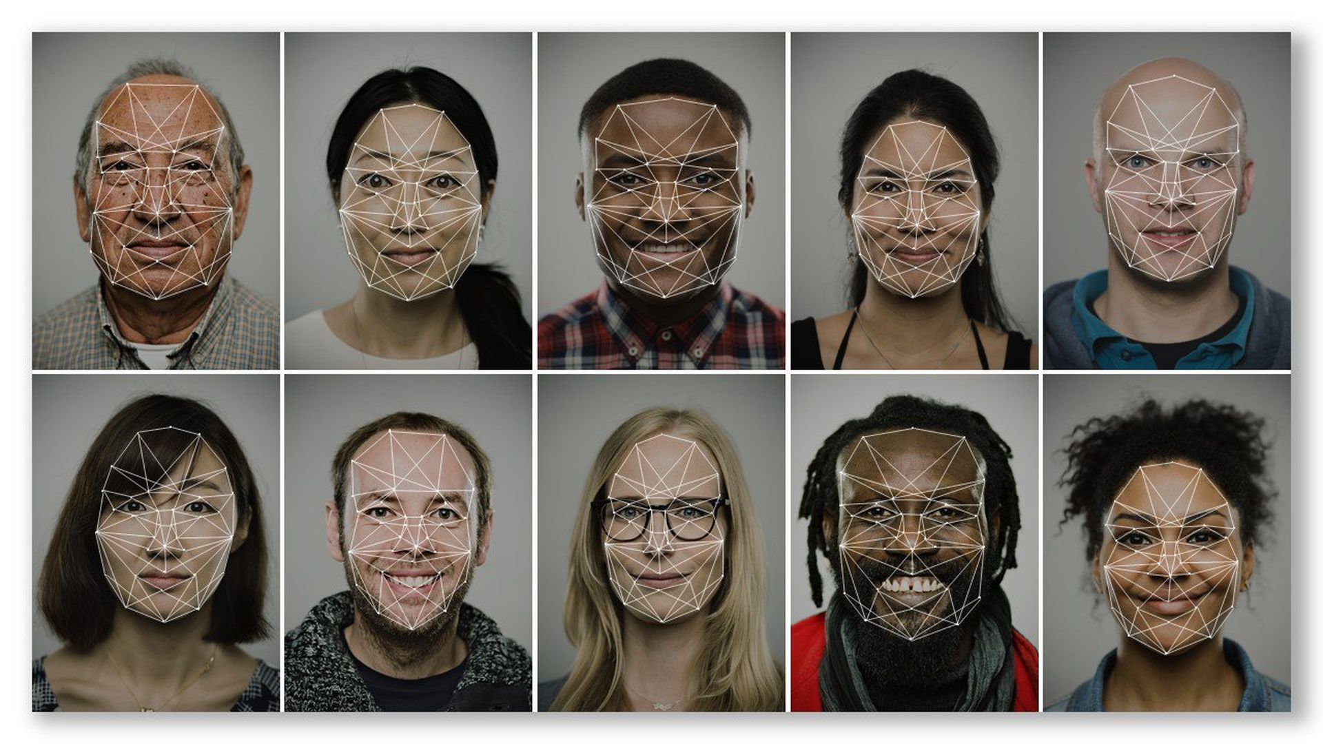 Several faces being identified using face recognition technology