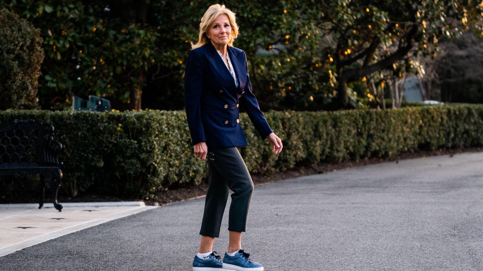 First Lady Dr. Jill Biden walk to board Marine One on the South Lawn of the White House on Wednesday January 11.