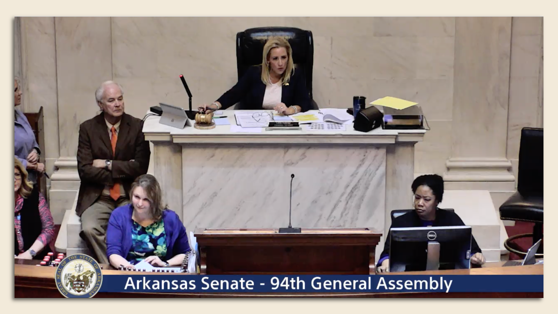 Lt. Gov. Leslie Rutledge oversees proceedings on the Arkansas Senate floor Thursday. 
