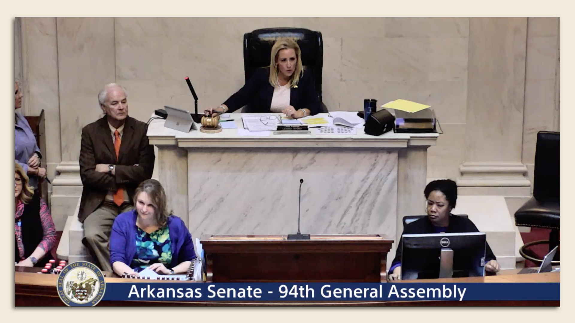 Lt. Gov. Leslie Rutledge oversees proceedings on the Arkansas Senate floor Thursday.