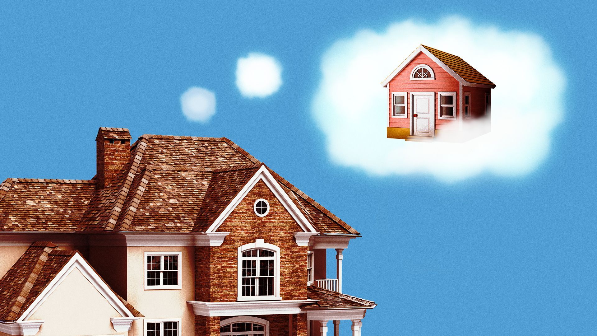 Illustration of a two-story house and a thought bubble containing a small house.