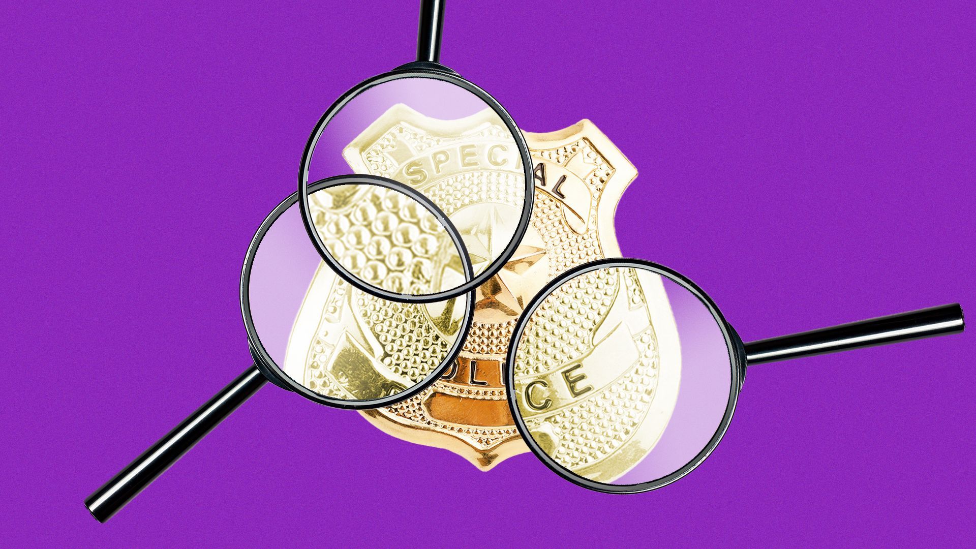 Illustration of many magnifying glasses examining a police badge