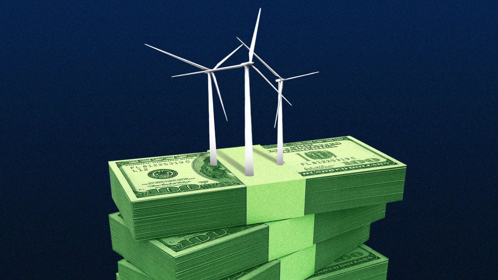 Illustration of a stack of cash with three windmills on top of it.
