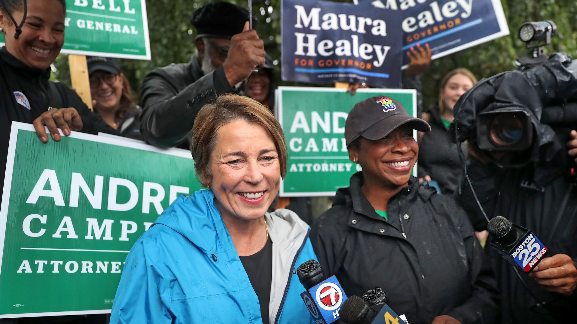 AG Maura Healey, left, with Andrea Campbell after voting at Lower Mills Library in Dorchester Center.
