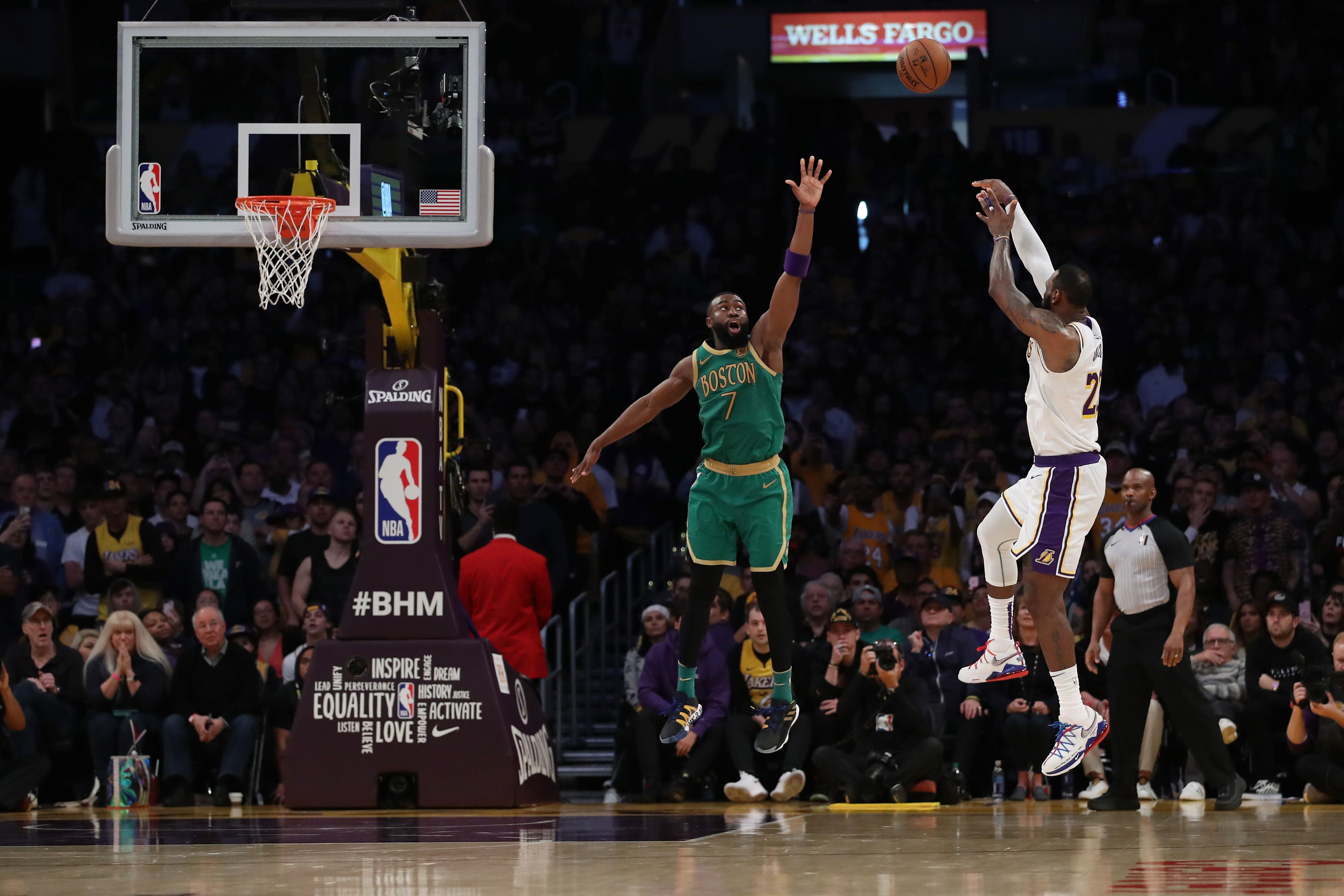 LeBron James shoots over Jaylen Brown