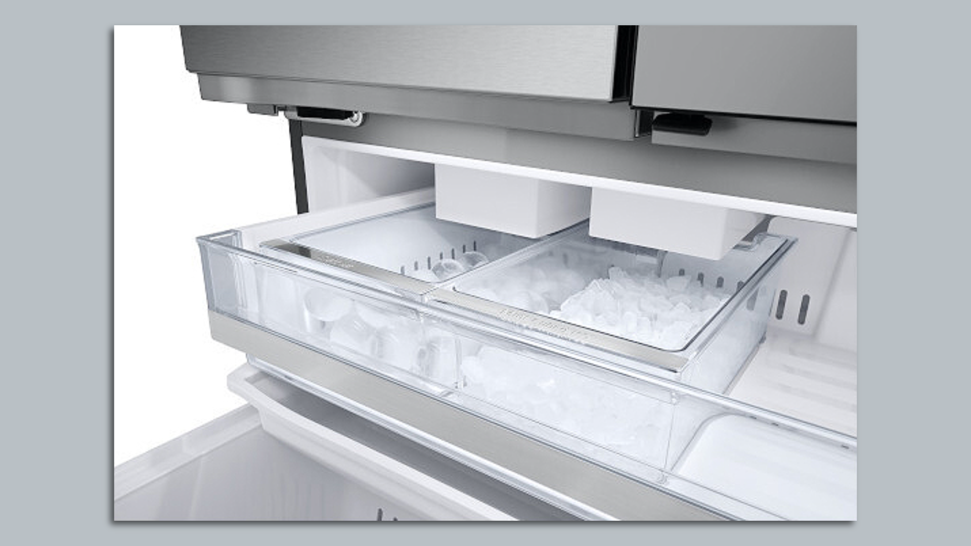 The ice cube tray of an LG refrigerator, with large round cubes in one drawer and mini cubes in another.