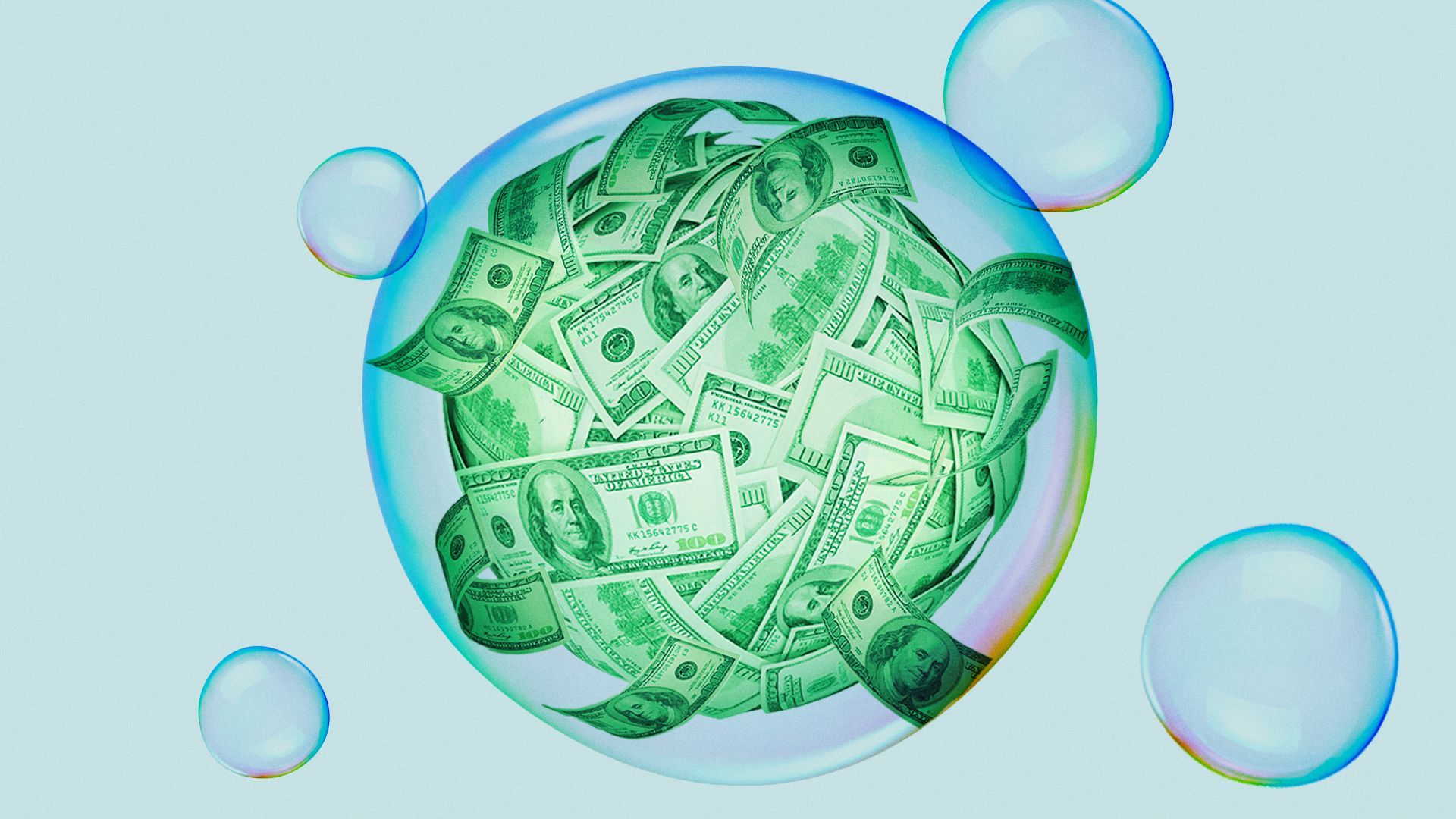 Illustration of a bunch of money in a large floating bubble.  