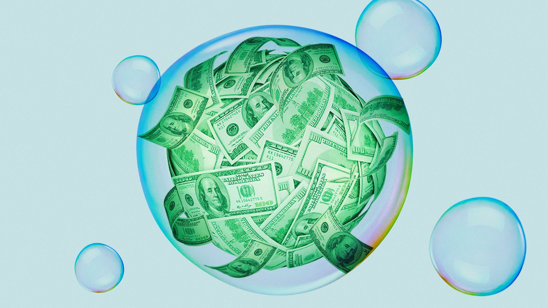 Illustration of a bunch of money in a large floating bubble.