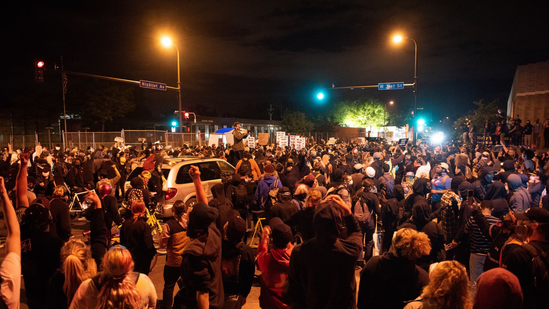 Protesters gather in the streets of Minneapolis following the death of George Floyd earlier this week