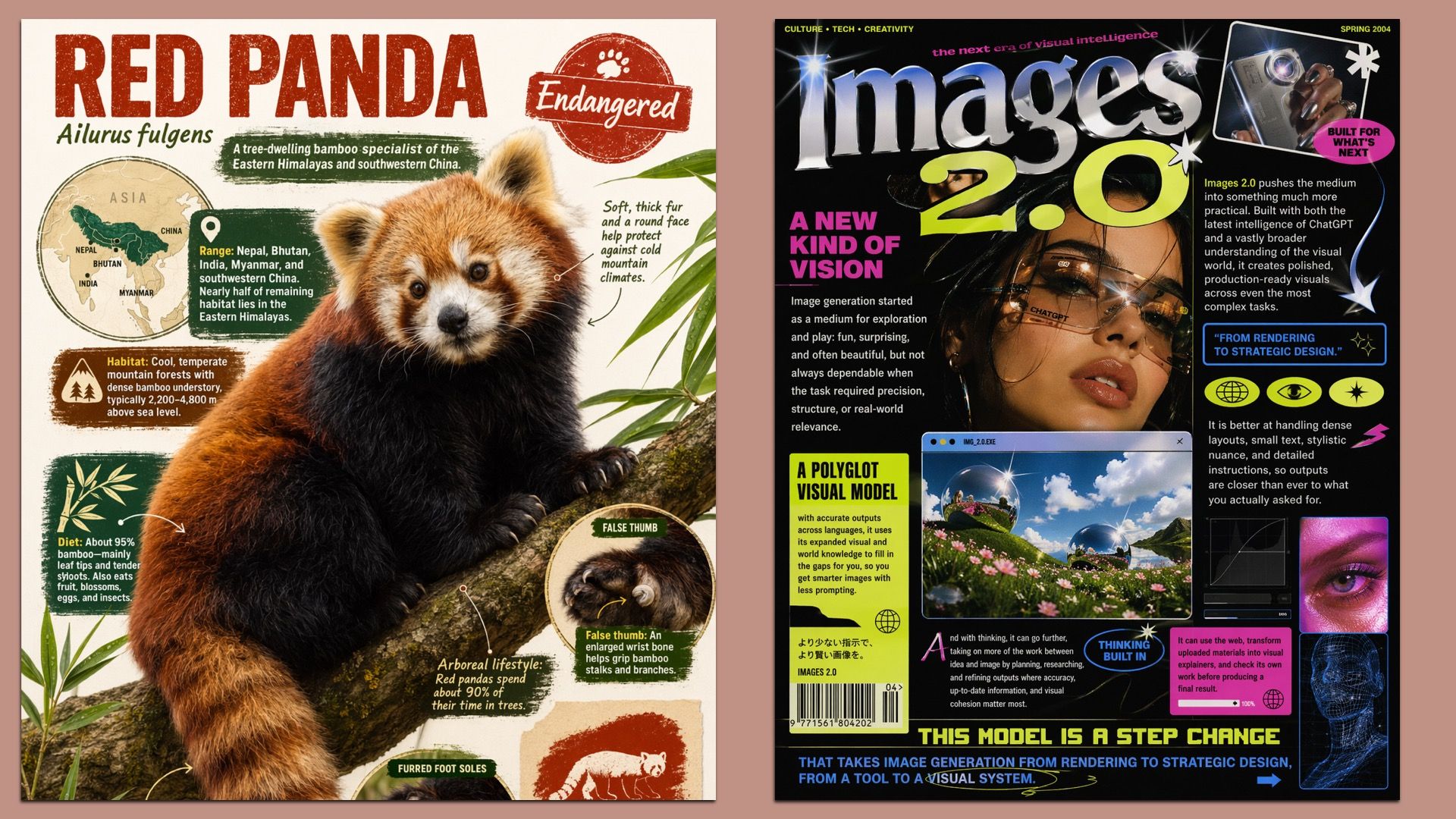 Two AI-generated magazine covers: left features a red panda cub, bold "RED PANDA" title, an Endangered stamp, and an Asia map. Right shows "Images 2.0" with a woman wearing futuristic glasses and neon typography.