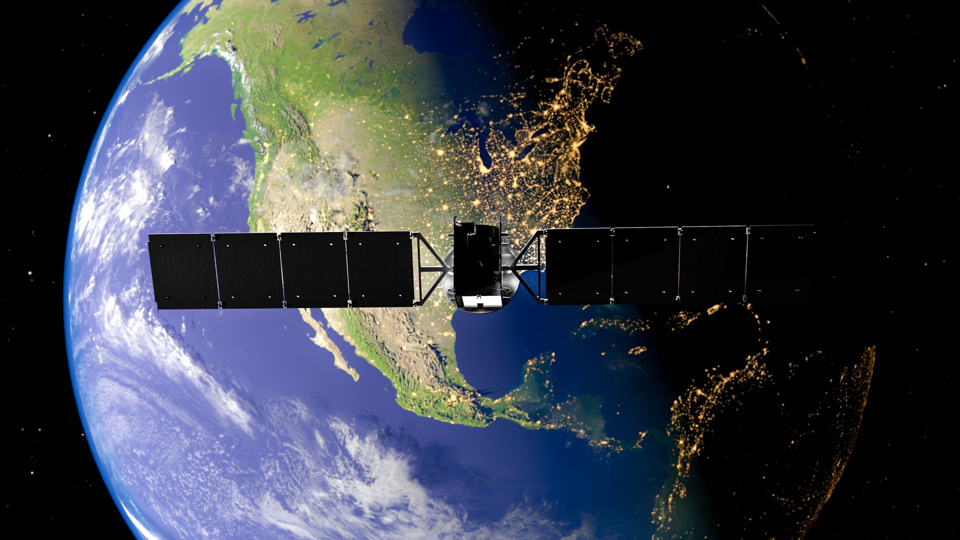 An artist's rendering of a satellite above Earth. North and Central America and the Pacific Ocean can be seen from above. 