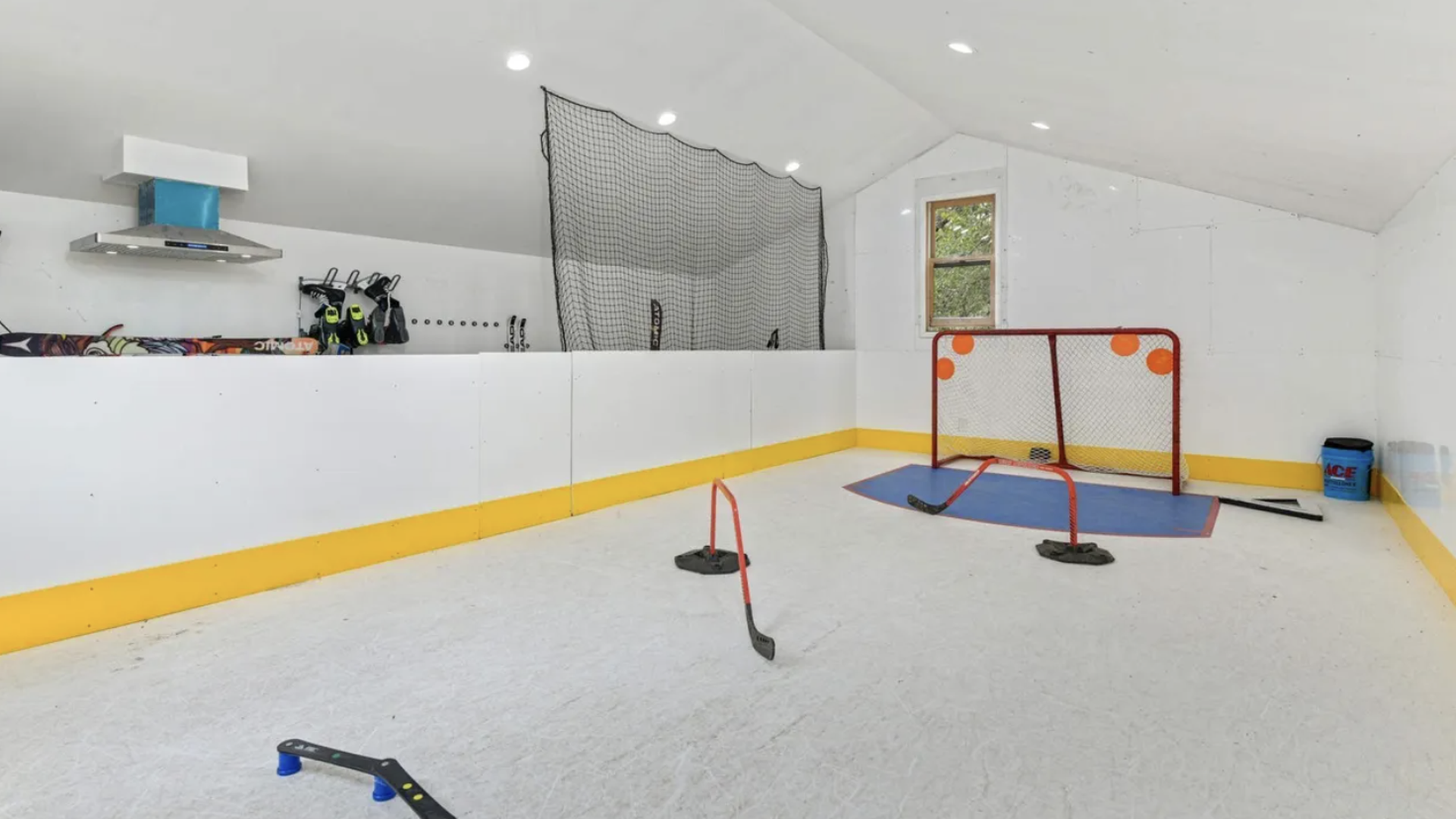 an indoor hockey goal area