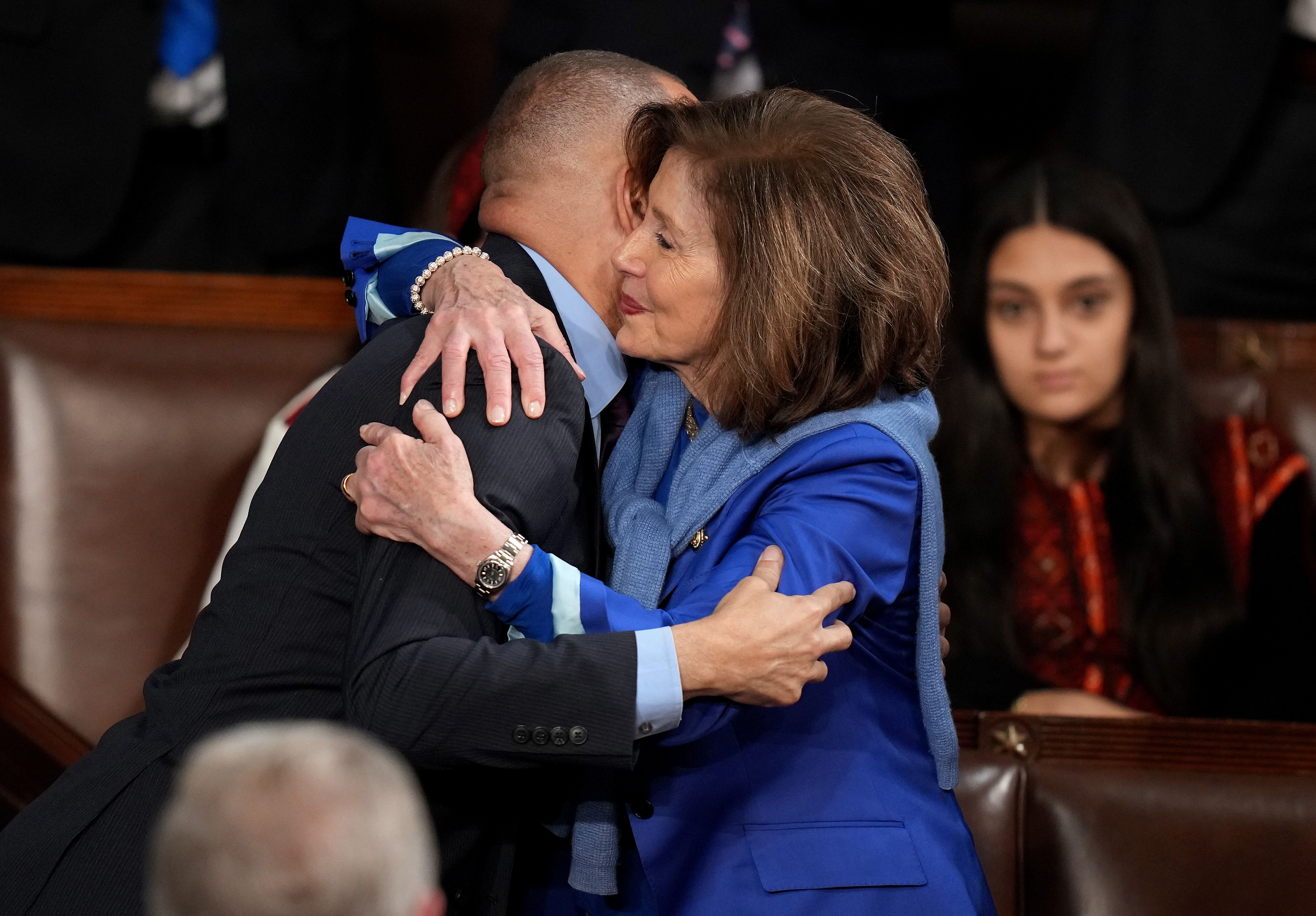 Nancy Pelosi embraces Hakeem Jeffries on the House floor after casting her vote for him as speaker on the first day of the 119th Congress.