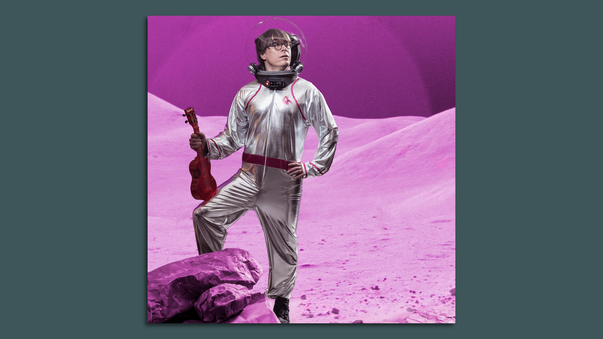 An album cover featuring a man holding a violin in a spacesuit. 