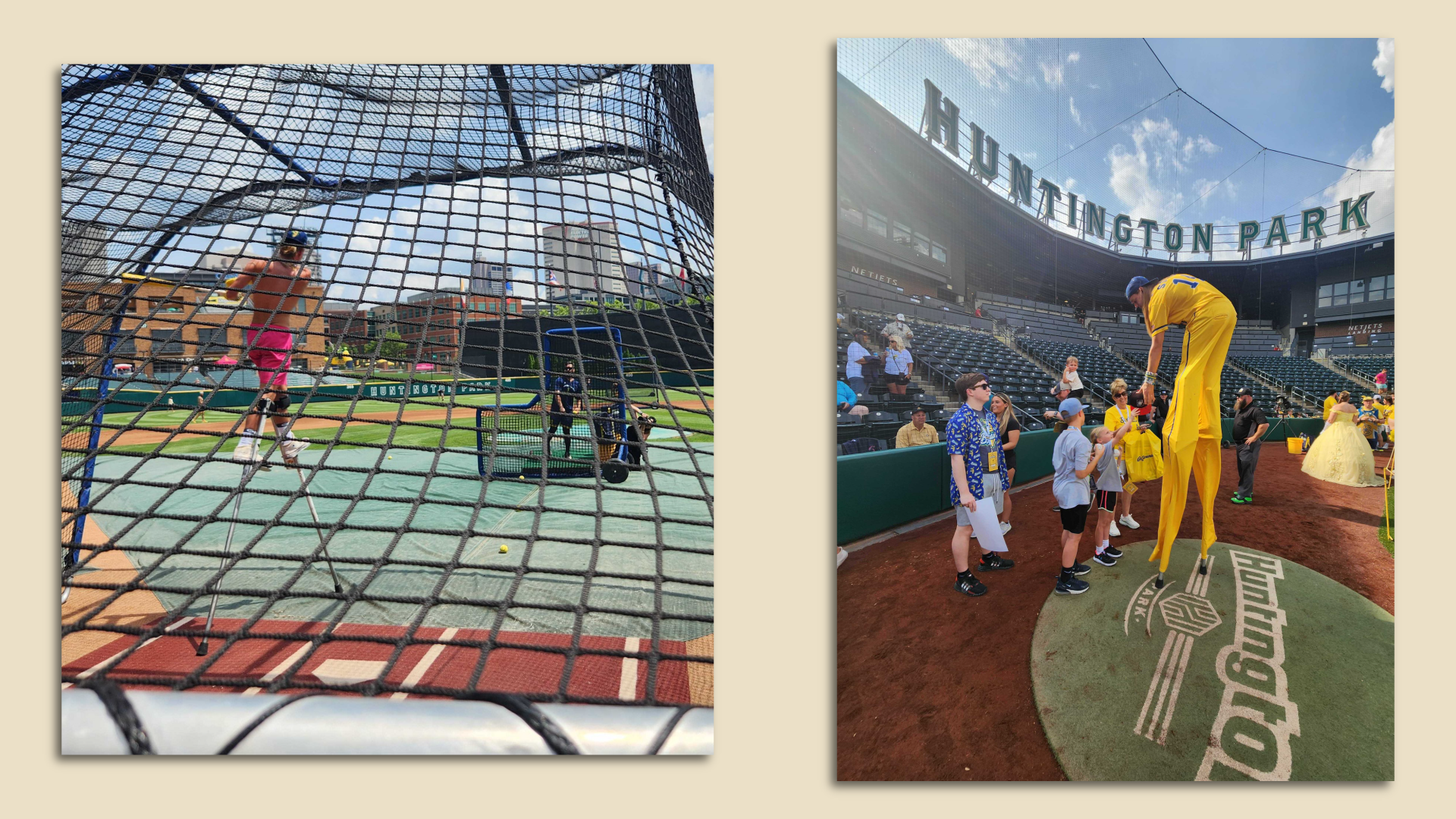 Dakota Albritton of the Savannah Bananas swings a bat and signs an autograph while wearing stilts.