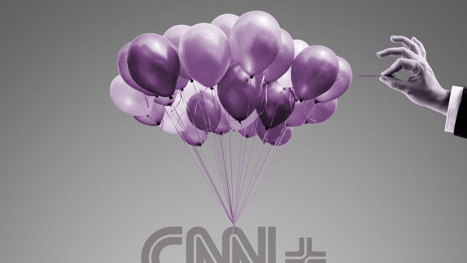 Illustration of a hand holding a needle that is about to pop a bunch of balloons that is holding up the CNN+ logo.