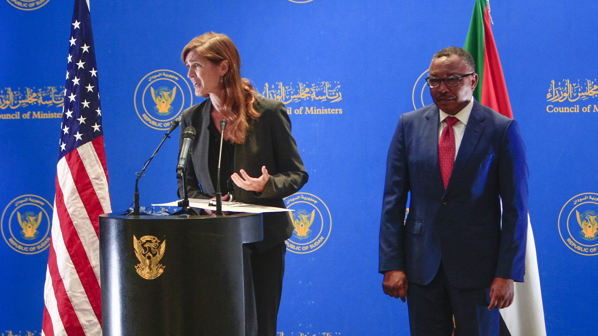 USAID administrator Samantha Power speaks in Kharthoum alongside Omar Gamar el-Din, foreign policy adviser to Sudan's prime minister.