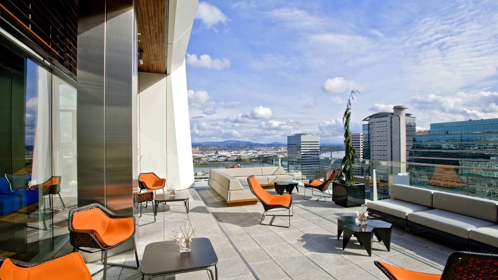 A photo of a rooftop view of the Willamette River in downtown Portland.
