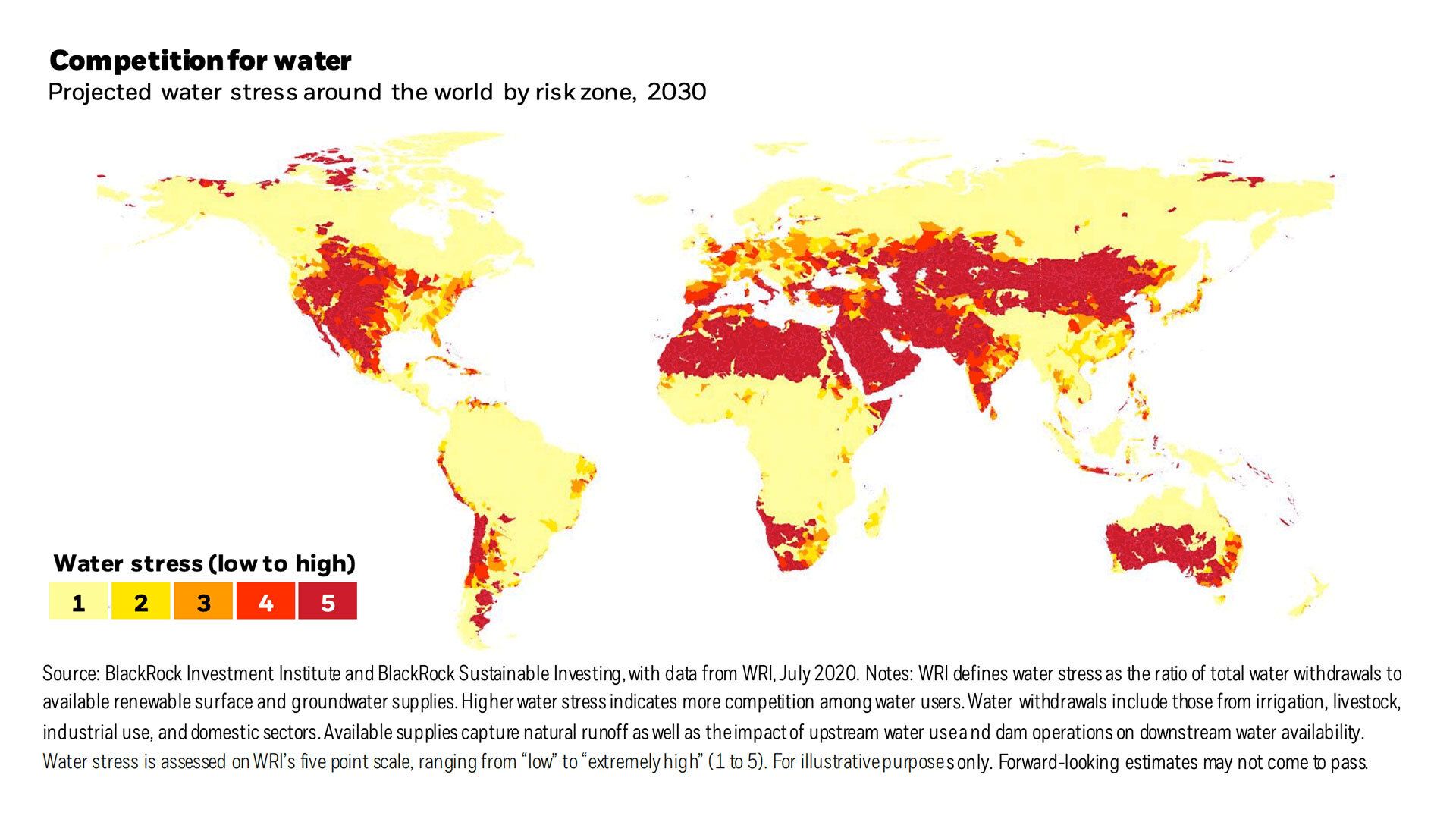 Image of global map of high water stress areas in 2030