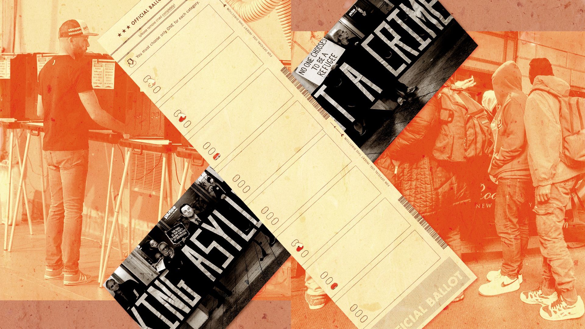 Photo illustration of a voting ballot crossed with an image of asylum activists, in front of images of a row of US voting booths, and a line of undocumented immigrants in New York City. 